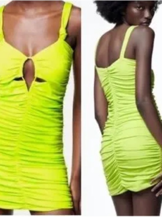 Zara Neon Lime Viral Ruched Blogger Fave Keyhole Mini Dress XS - Picture 2 of 11